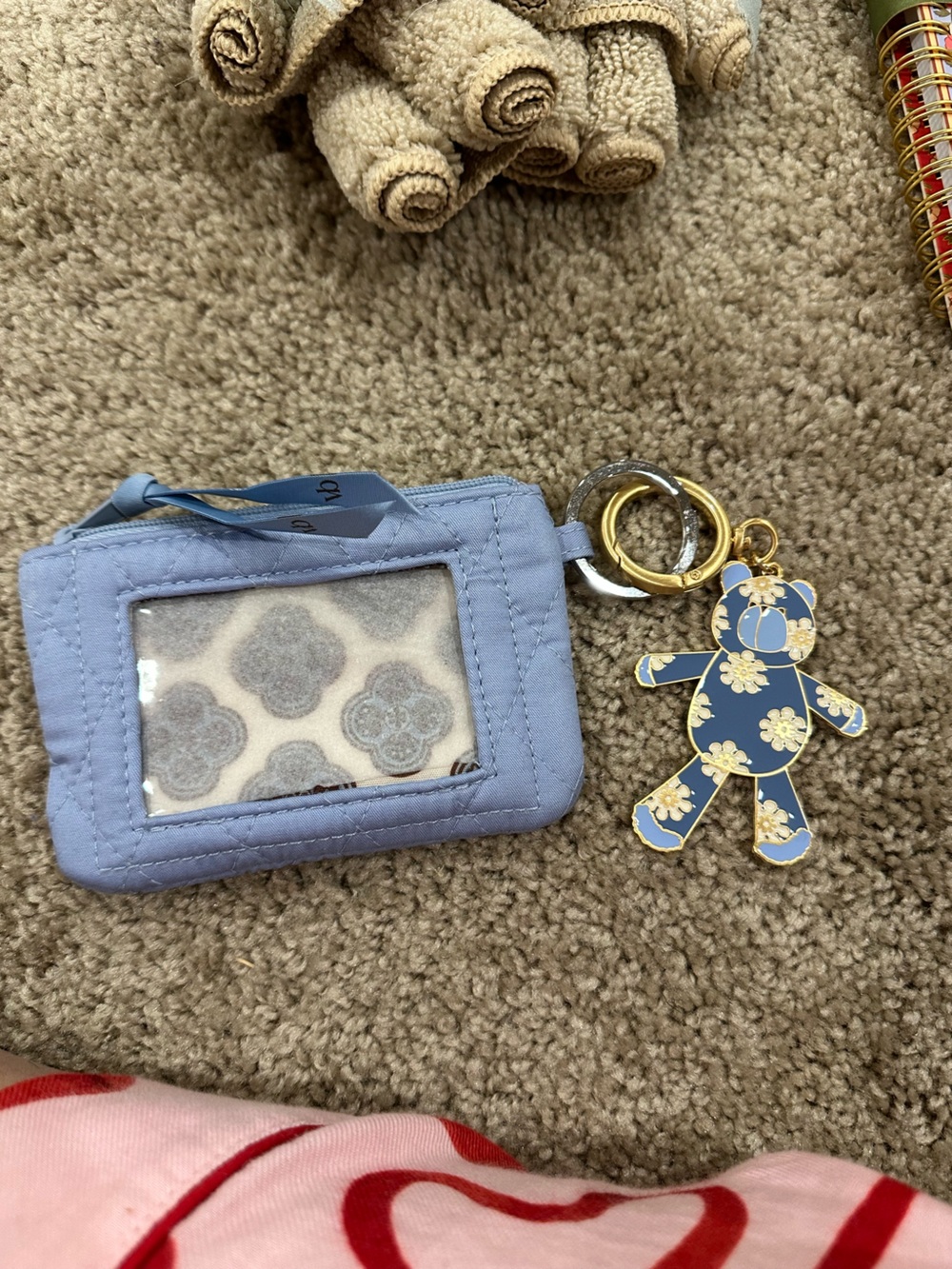 Light Blue Quilted ID Card Holder Keychain with Floral Bear Charm